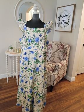 London Times Sz. 20w Cream Maxi Dress with Blue and Green Floral Print Size 20 W